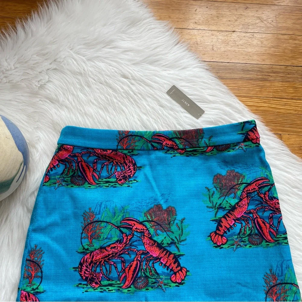 J. Crew Turquoise Blue Pencil Skirt with Coral Lobster Print